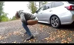 Skinny girl peeing outdoor