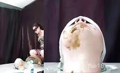 Shaved girl pooping on boyfriend's face