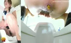 Shaved babe shits in public bathroom
