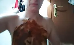 Brunette milf eating shit from bathroom floor