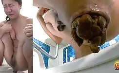 Naked Jap babe constipated poop show 