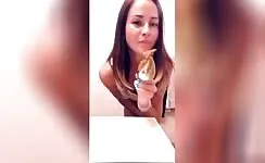 Likcing her shitty butt plug 