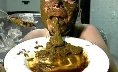 Busty lady eating fresh shit 