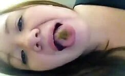Asian brunette girl eating shit 
