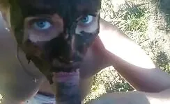 Poo covered babe sucking cock 