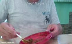 Forced slave to eat poop from a red plate