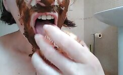 Lusty brunette chick smearing and eating shit 