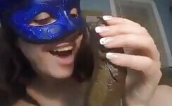Sexy masked babe pooping and playing with her huge turd 
